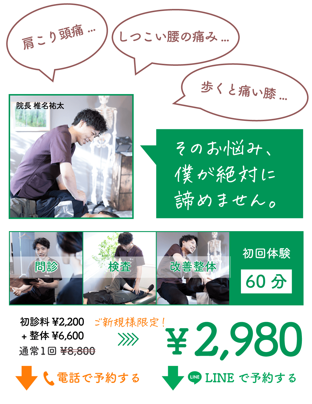 今なら2980円で、問診、検査、スピード改善整体が受けられます